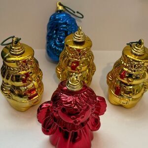 Set of 5 Vintage Plastic Blow Mold Christmas Hanging Ornaments Red‎ Gold Blue 3"